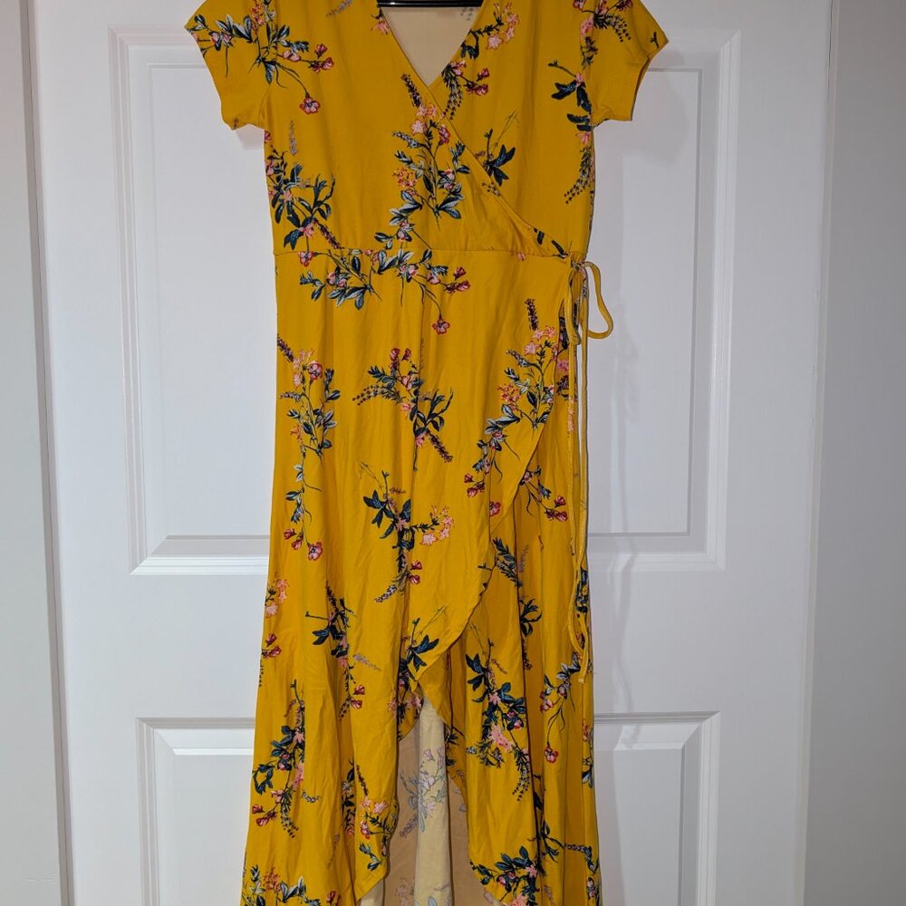 Yellow Floral Wrap Midi Summer Dress Size M